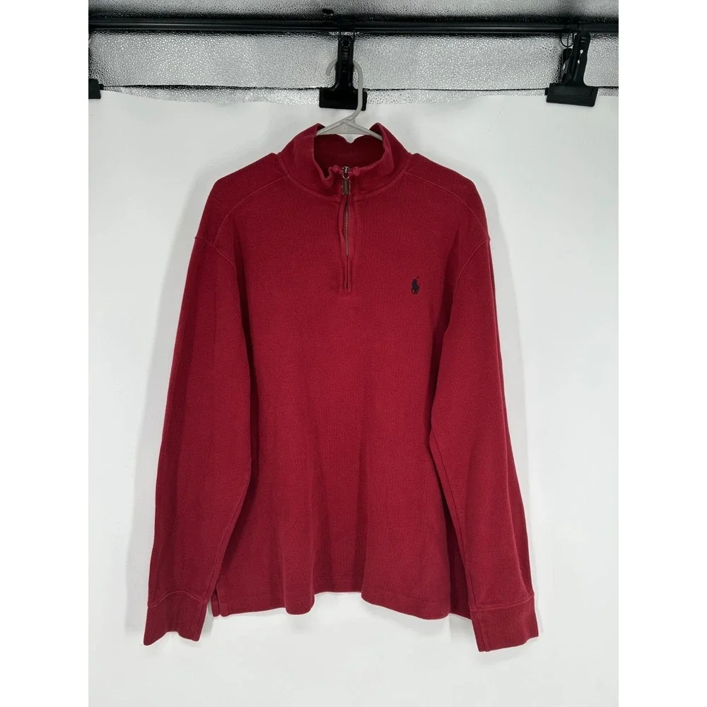 Polo‎ Ralph Lauren Sweater Leather Tab Quarter 1/4 Zip Pullover Red Knit Mens L